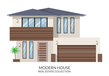 Modern house with garage, real estate sign in flat style. Vector illustration.のイラスト素材