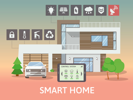 Modern Smart Home with terrace, at night. Flat design style concept, centralized control system. Vector illustration.のイラスト素材