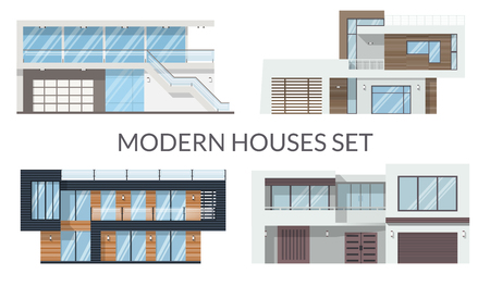 Modern big houses set, real estate signs in flat style. Vector illustration.のイラスト素材