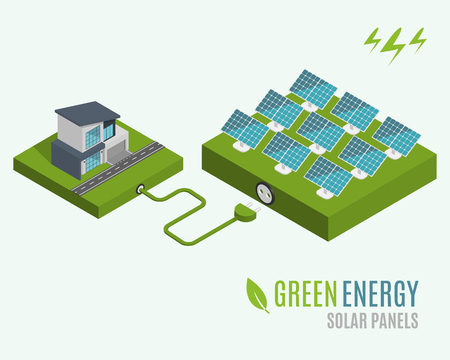 House with alternative Eco Green Energy, flat 3d web isometric infographic concept. Solar Panels set. Vector illustration.のイラスト素材
