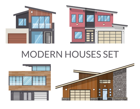 Modern family houses set, real estate signs in flat style. Vector illustration.のイラスト素材