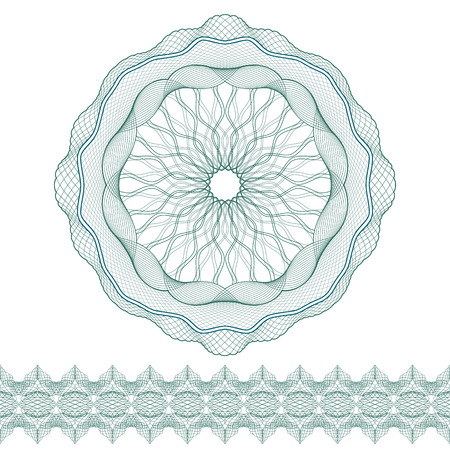 Set: Guilloche Pattern Rosette and border for certificate or diploma, isolated. Vector illustration.のイラスト素材