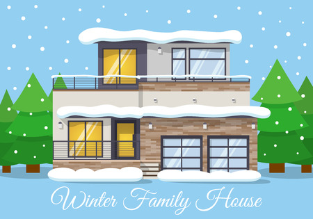 Modern winter Family House Landscape with forest in the background, Greeting Card. Vector illustration.のイラスト素材