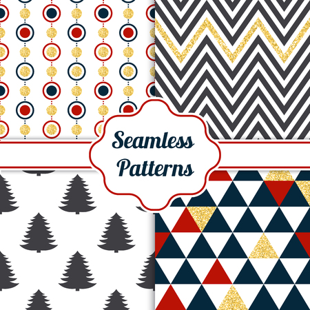 Gold collection of seamless patterns with blue, red, white colors. Set of seamless backgrounds with traditional symbols -pine tree, and suitable abstract patternsのイラスト素材