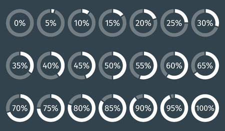 Set of circle percentage diagrams for infographics, 0 5 10 15 20 25 30 35 40 45 50 55 60 65 70 75 80 85 90 95 100 percent. Vector illustration.のイラスト素材