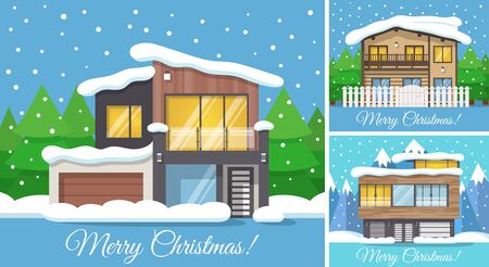3 in 1 Modern winter Family House Poster or Greeting Card for Christmas. Vector illustration.のイラスト素材