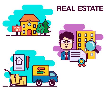 Real estate design concept set with online search apartment rental market buying flat icon isolated vector illustration.の写真素材