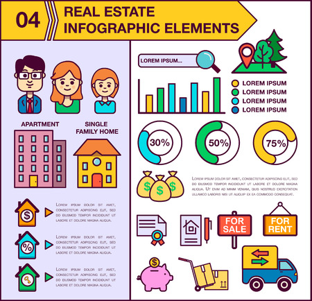 Real Estate infographic template and elements. The template includes illustrations of men, women and child. Modern colored flat vector design. Apartment, single family home.のイラスト素材