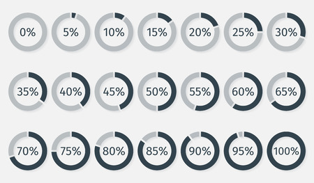 Set of circle percentage diagrams for infographics, 0 5 10 15 20 25 30 35 40 45 50 55 60 65 70 75 80 85 90 95 100 percent. Vector illustration.のイラスト素材