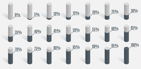 Set of gray percentage charts for infographics, 0 5 10 15 20 25 30 35 40 45 50 55 60 65 70 75 80 85 90 95 100 percent. Vector illustration.のイラスト素材