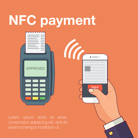 Mobile payments with smartphone. Near field communication payment terminal concept. Online transactions, paypass and NFC. Cartoon flat style vector illustrationのイラスト素材