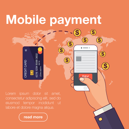 Mobile payment concept. Man holding phone. Flat styleのイラスト素材