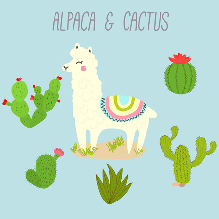Cute Vector Llama and Cactus Design Elements. Illustrationの写真素材
