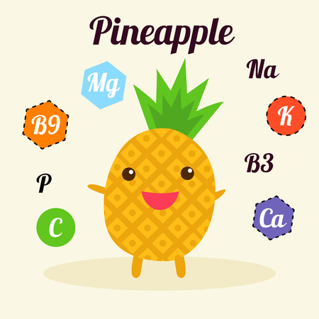 Illustration with funny character. Cute and healthy food. Vitamins contained in pineapple. Fruit with kawaii face. Vector cartoon.のイラスト素材