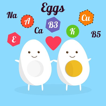 Illustration with funny character. Cute and healthy food. Vitamins contained in eggs. Food with kawaii face. Vector cartoonのイラスト素材