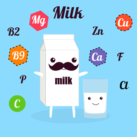 Illustration with funny character. Cute and healthy food. Vitamins contained in milk. Kawaii face. Vector cartoon isolatedの写真素材