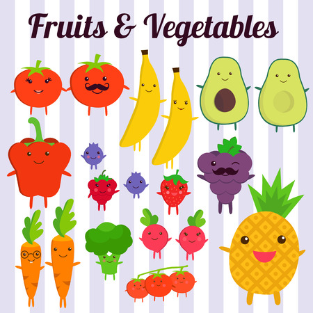 Cute kawaii smiling fruits and vegetables on blue background. Healthy style collection. Vector illustrationの写真素材