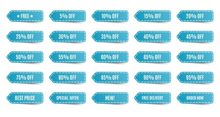 Isolated shopping tags set. Blue discount labels. 5 10 15 20 25 30 35 40 45 50 55 60 65 70 75 80 85 90 95 percent. Vector illustrationの写真素材