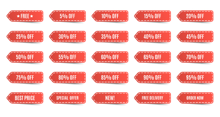 Isolated shopping tags set. Red discount labels. 5 10 15 20 25 30 35 40 45 50 55 60 65 70 75 80 85 90 95 percent. Vector illustrationの写真素材