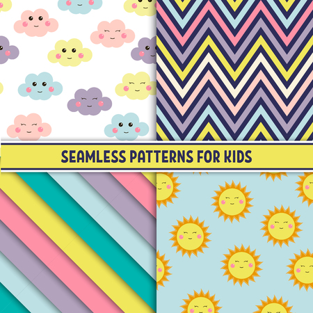 Set of colorful seamless pattern. Childish background with smiling suns and clouds.のイラスト素材