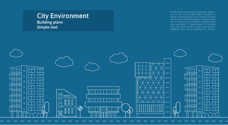 Thin line city landscape concept illustration. View of a big city. Flat design abstract vector background.のイラスト素材