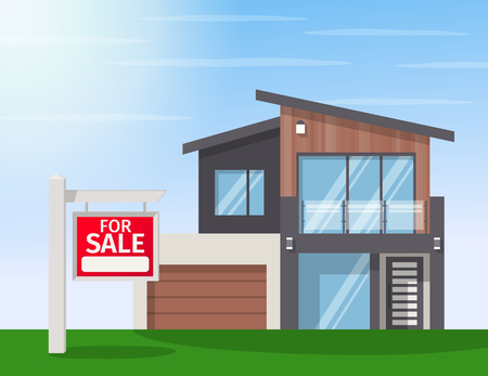 Real Estate for Sale. The house and sign in the foreground with the information. Vector flat design illustrationのイラスト素材