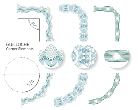 Set: Seamless Guilloche Corner Elements for certificate or diploma, isolated. Vector illustration.のイラスト素材