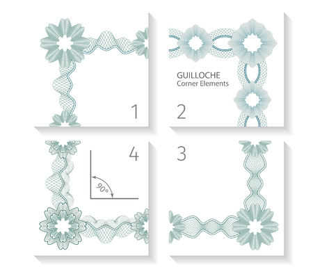 Set: Seamless Guilloche Corner Elements for certificate or diploma, isolated. Vector illustration.のイラスト素材