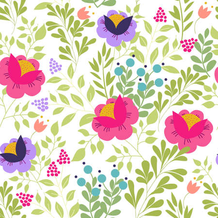 Seamless pattern with elements of meadow flowers, foliage, herbs on a white background. Vector illustrationのイラスト素材