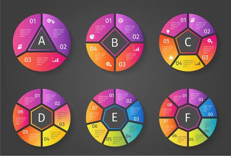 Colorful Vector circle arrows for infographic on dark backround. Template for cycling diagram, graph, presentation and round chart. Business concept with 3 4 5 6 7 8 options, parts, steps or processesのイラスト素材