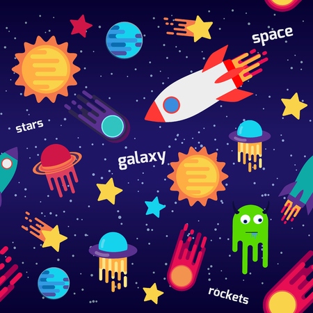 Seamless children cartoon space pattern with rockets, planets, stars, the dark night sky background. Vector illustrationのイラスト素材