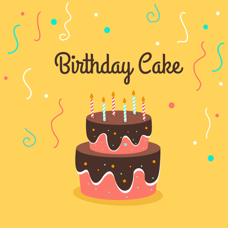 Playful birthday cake with chocolate glaze and candle on bright bacckground. Vector illustrationのイラスト素材