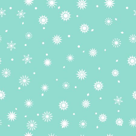 Simple seamless pattern of snowflakes on a sky blue background. Abstract wallpaper, wrapping decoration. Symbol of winter, Merry Christmas holiday, Happy New Year celebration Vector illustration.の写真素材