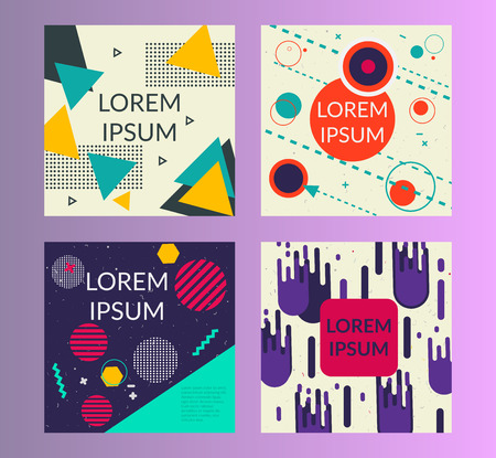 Memphis style covers set with geometric shapes and patterns. Collection of templates in trendy memphis fashion 80-90s. for cover design, posters, books, greeting cards and more. Vector illustrationの写真素材