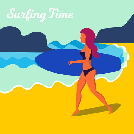 Running girl with a blue surfing board. Vector illustration.のイラスト素材