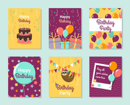 Happy Birthday Collection greeting templates. Invitation cards to the party. Vector banners with cake, balloons, gifts. Card with cute small sloth.のイラスト素材