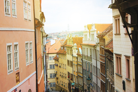 View to red tile roofs of Prague city in Czech republic.の写真素材