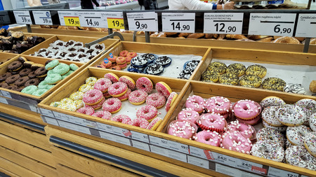 Czech Republic, Prague - September 21, 2017: Donuts for sale in the supermarket, with pricesのeditorial素材