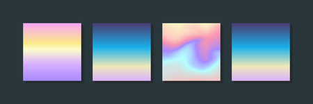 Holographic fluid set. Geometric shapes on gradient background. Trendy hipster template for card, presentation, banner and brochure. Minimal holographic fluid in neon colors. Memphis styleのイラスト素材