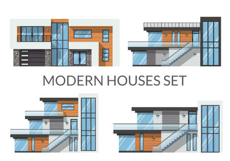 Modern houses set, real estate signs in flat style. Vector illustration.のイラスト素材