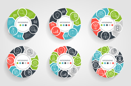 Business infographics. Infographic elements with 3 4 5 6 7 8 steps arrows circles. Vector pie chartsのイラスト素材