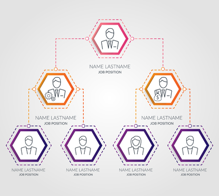 Business hierarchy hexagon chart infographics. Corporate organizational structure graphic elements. Company organization branches template. Tree diagramのイラスト素材