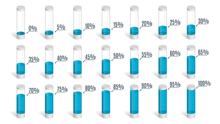 Set of blue percentage charts for infographics, 0 5 10 15 20 25 30 35 40 45 50 55 60 65 70 75 80 85 90 95 100 percent. Vector illustration.のイラスト素材