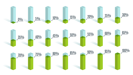 Set of green percentage charts for infographics, 0 5 10 15 20 25 30 35 40 45 50 55 60 65 70 75 80 85 90 95 100 percent. Vector illustration.のイラスト素材