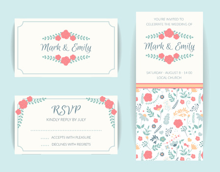 wedding invitation card suite, floral invite, rsvp modern card, save the date. Flower vetor decorのイラスト素材