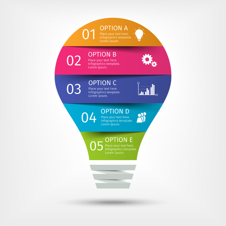 Modern colorful light bulb infographics. Business startup idea lamp concept with 5 options, parts, steps or processes. Template for presentation, chart, graph. Vector illustration.のイラスト素材