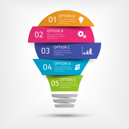 Modern colorful light bulb infographics. Business startup idea lamp concept with 5 options, parts, steps or processes. Template for presentation, chart, graph. Vector illustration.のイラスト素材