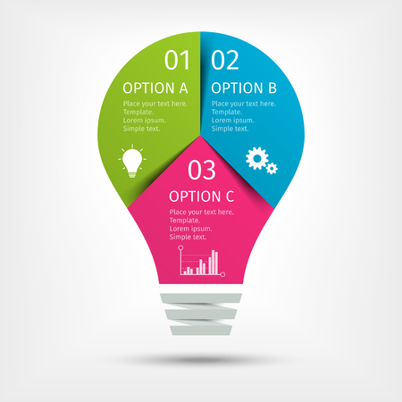 Modern colorful light bulb infographics. Business startup idea lamp concept with 3 options, parts, steps or processes. Template for presentation, chart, graph. Vector illustration.のイラスト素材