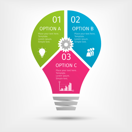 Modern colorful light bulb infographics. Business startup idea lamp concept with 3 options, parts, steps or processes. Template for presentation, chart, graph. Vector illustration.のイラスト素材