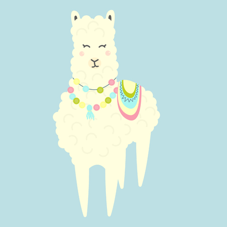 Cute cartoon Llama drawing on light background, simple vector animal illustrationのイラスト素材
